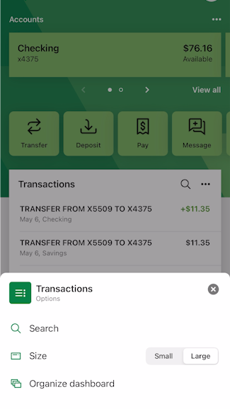 screenshot from mobile banking app showing transactions tile which allows user to select from a small or large transaction tile
